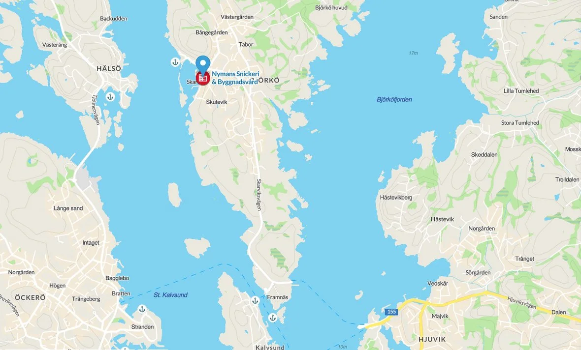 Karta som visar Nymans snickeri & byggnadsvård på Bohus-Björkö